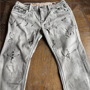 Rock Revival Wilkins Men's Gray Distressed Stud Paint Splatter Jeans